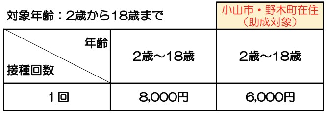 インフルエンザ経鼻ワクチンの費用一覧